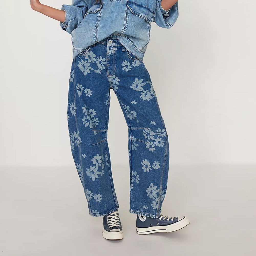 We The Free Good Luck Floral Printed Barrel Jeans